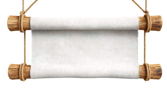 A white scroll with wooden ends tied with rope, isolated on transparent background - Powered by Adobe