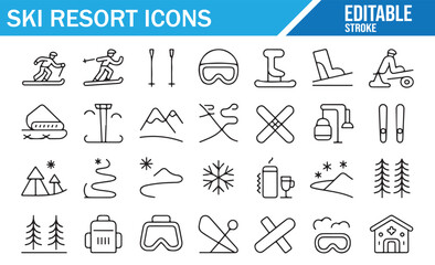Set of ski resort line icons including skiers, snowboards, helmets, poles, sled, mountains, ski lifts, goggles, cabins, trees, and winter sports elements for travel, adventure, tourism, and outdoor re