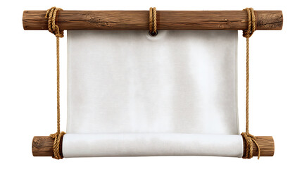 A white textured scroll with wooden ends and rope, isolated on transparent background