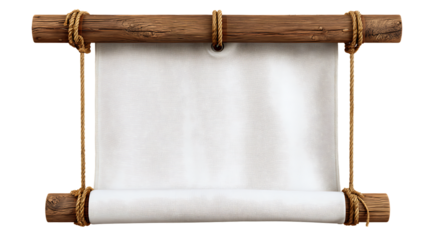 A white textured scroll with wooden ends and rope, isolated on transparent background
