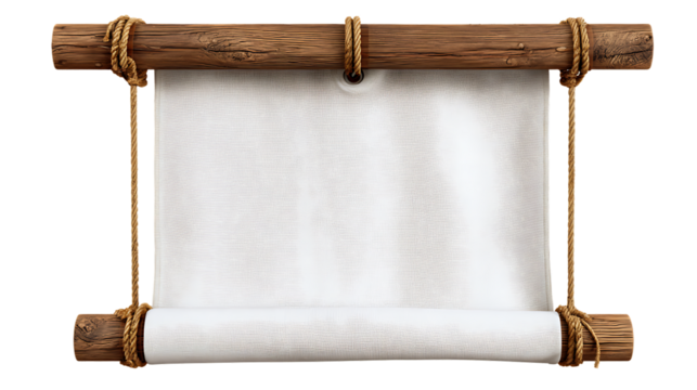 A white textured scroll with wooden ends and rope, isolated on transparent background