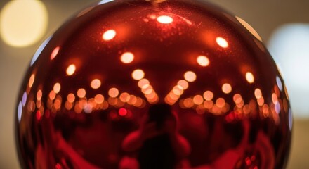 Close up of a shiny red Christmas ornament reflecting lights