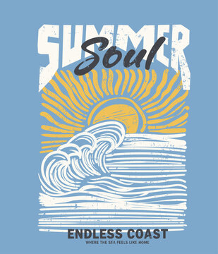 hand drawing brush line art big waves vector graphics. bold text Summer Soul Graphics. summer tee t-shirt design beach vibes artwork.