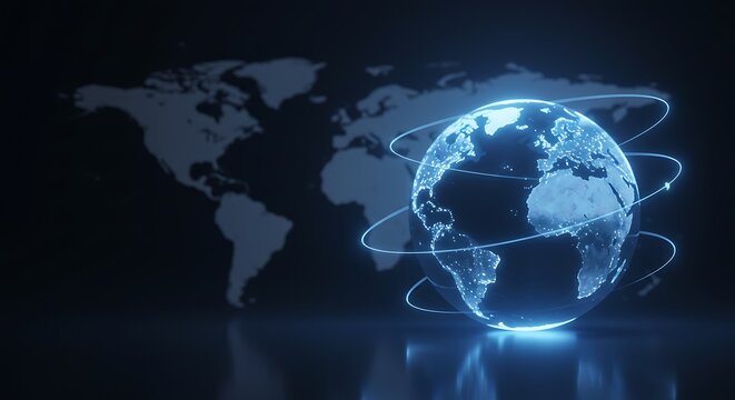Glowing blue digital earth with orbital rings and world map background, representing global connectivity and technology