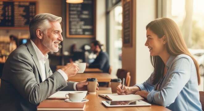 Smiling business colleagues meeting over coffee in cafe - Powered by Adobe