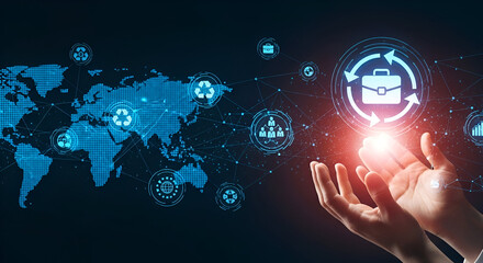 Hands holding business growth icon over digital world map