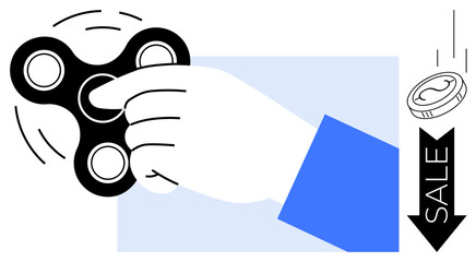 Hand spinning a black fidget spinner with motion lines. Coin falling near Sale arrow. Ideal for stress relief, promotion, marketing, sales, trends, discounts playful themes. Simple flat metaphor