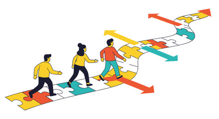 Diverse group of people walking on a winding puzzle path with multiple directional arrows indicating choices and future possibilities