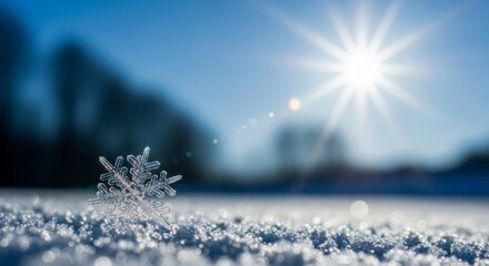 Detailed snowflake on sparkling snow with bright sunburst and blue sky