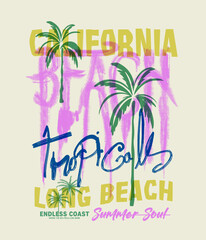 Obraz premium Hand drawing typography slogan Tropical Beach. palm tree with watercolor paint for text. summer beach graphics. hand drawing artwork.