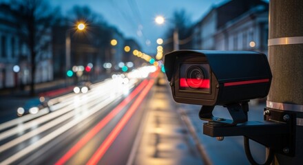 Urban security camera with traffic light trails at night