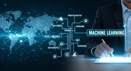Man interacts with machine learning network on digital world map