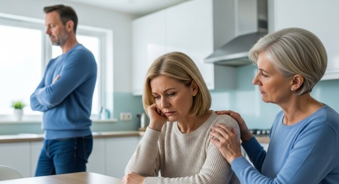 Woman receives emotional support during relationship crisis in kitchen