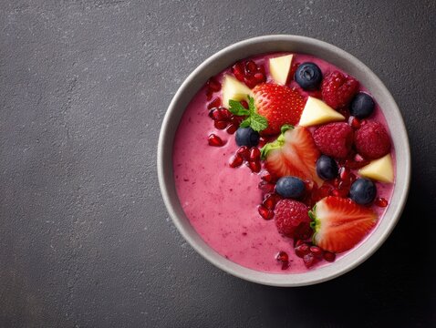 382. plant-based smoothie bowl top view, vibrant fruits, professional tone, controlled studio lighting, balanced rule of thirds, brand-safe, no logos