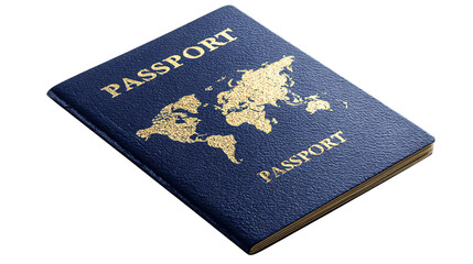 Blue passport with gold world map, isolated on transparent background