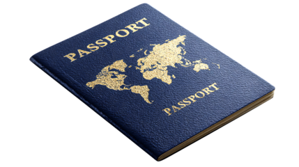 Blue passport with gold world map, isolated on transparent background