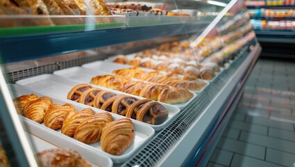 Croissants pastries glass display bakery case with brushed steel frames
