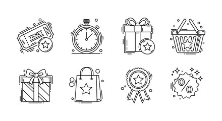 Naklejka premium Collection of Black and White Icons Representing Shopping and Promotions
