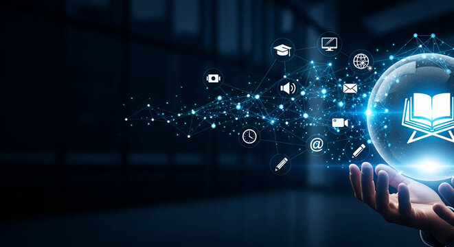 Hands holding digital orb with education and learning icons
