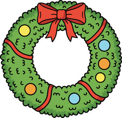 Cartoon christmas wreath with red bow and ornaments isolated on white background