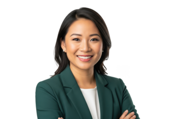 Professional asian woman portrait smiling confidently wearing a dark green blazer isolated on transparent background