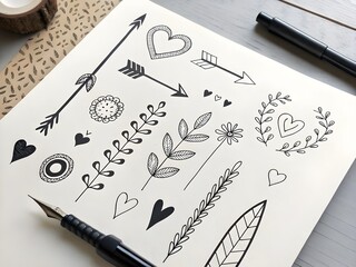 Hand-Drawn Doodle Marker Set of Checkmarks, Arrows, Hearts, and Annotation Symbols
