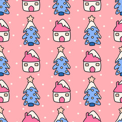 cute hand drawn cartoon winter holiday seamless vector pattern background illustration with house, snow, christmas tree and snowflakes