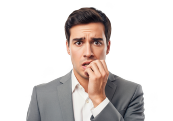 A man in a gray suit showing anxiety and worry by biting his nails isolated on transparent background