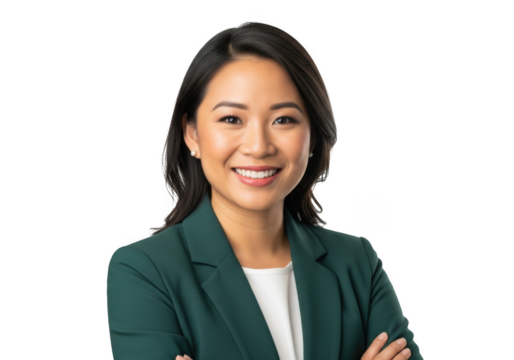 Professional asian woman portrait smiling confidently wearing a dark green blazer isolated on transparent background