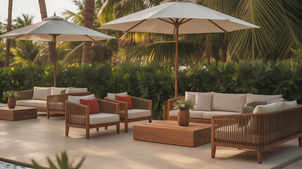 Obraz premium Outdoor lounge area with comfortable seating under umbrellas, surrounded by lush greenery, creating a relaxing and inviting atmosphere for leisure and socializing