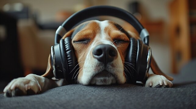 Relaxed Beagle Dog Wearing Headphones, Eyes Closed, Resting on Gray Surface, Enjoying Music, Canine Relaxation and Leisure, Home Comfort, Pet Technology. - Powered by Adobe