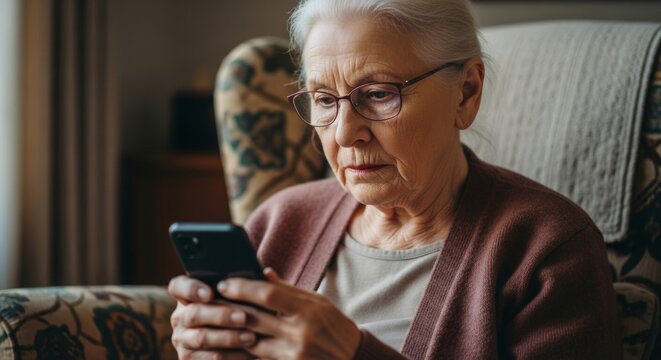 Focused senior woman using smartphone at home - Powered by Adobe