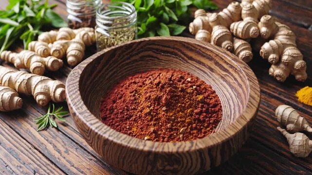 Exploring spices in a rustic kitchen with fresh herbs and roots