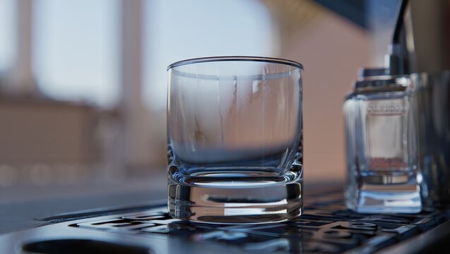 Close-studio glassware ensemble on an unmarked bar surface, captured in studio