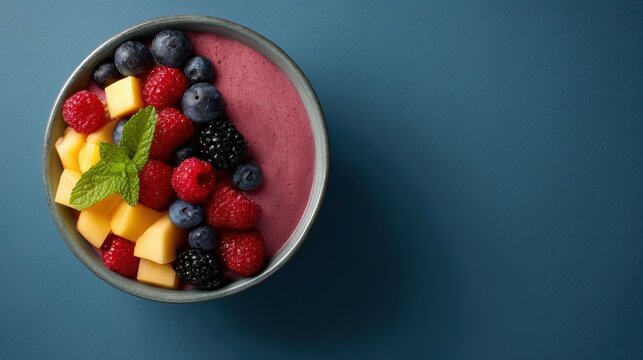 134. plant-based smoothie bowl top view, vibrant fruits, cool modern vibe, golden hour tone, clean background for typography, ideal for online ads