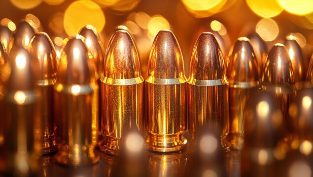 Ammunition Close-Up: Golden 9mm Bullets with Brass Casings, Reflective Surface, and Bokeh Background for Firearm Enthusiasts - Powered by Adobe