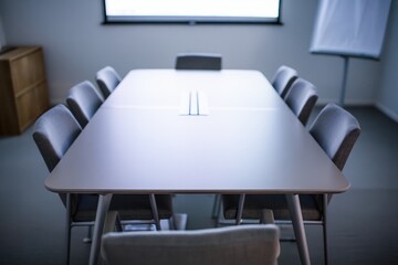 Close-up studio shot of an office conference room with a sleek rectangular table