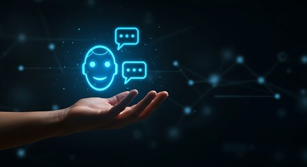 Customer service chatbot icon with speech bubbles hovering over an open hand against a dark blue network background, representing ai communication and support