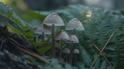 Fototapeta premium A cluster of delicate mushrooms growing amidst lush green ferns, capturing the serene beauty and intricate details of the forest floor ecosystem