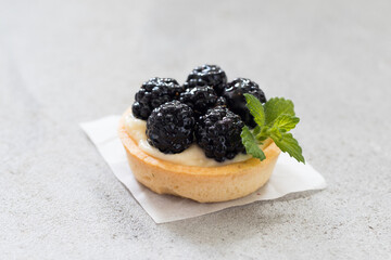 Mini dessert. Mini blackberry tart. With custard. Decorated with mint. Light gray background. Close up	
