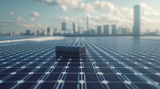 Solar Panel Array with Battery Storage System and City Skyline, Renewable Energy, Sustainable Power Generation, Clean Electricity for Urban Environment