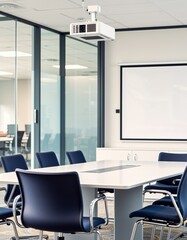 Minimal studio conference room with glass walls, white table, blue chairs