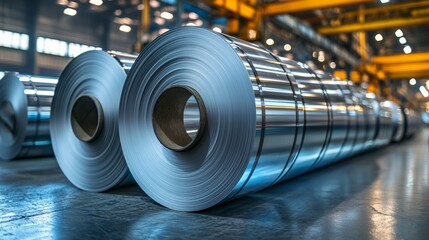 Large Rolls of Shiny Aluminum Sheet Metal Coils in a Factory, Industrial Manufacturing and Production, Metalworking Industry, Raw Material Storage