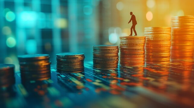 Businessman Silhouette Walking on Increasing Stacks of Coins Representing Financial Growth and Investment Success on Stock Market Chart - Powered by Adobe