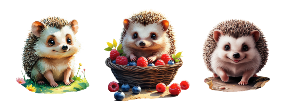 Watercolor hedgehog set with berries, cute woodland animals on transparent background. Watercolor Illustration for Nursery and Storybook Projects on White Background. Hedgehoges isolated on white. - Powered by Adobe