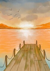 Fototapeta premium Watercolor Wooden Pier at Sunset Over Calm Water