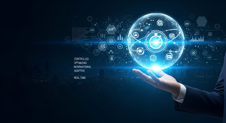 Person holding glowing digital sphere with icons and text