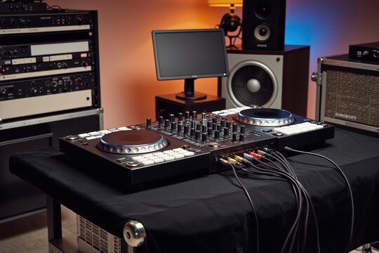 Close-up modular DJ booth with audio rack in a vibrant party venue studio - Powered by Adobe