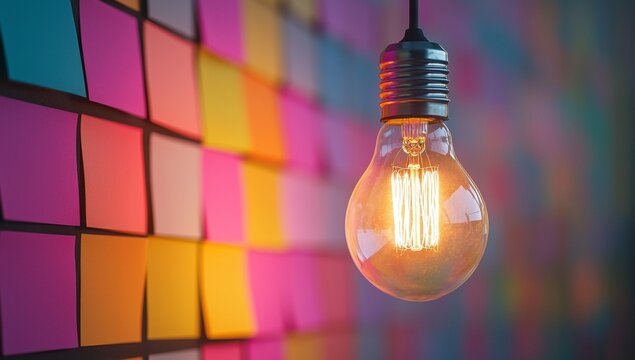 Illuminated Edison Bulb with Colorful Sticky Notes Background, Creative Idea Generation, Brainstorming Session, Office Inspiration, and Problem Solving