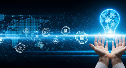 Hands holding glowing lightbulb made of puzzle pieces